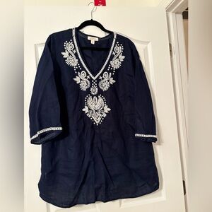 Navy Blue 100% Linen Charter Club Beaded Embroidery Women's Top. Plus size 2X